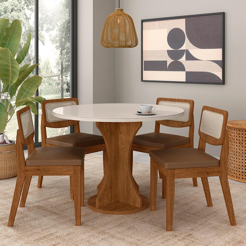 Mesa Com 4 Cadeiras Redonda C/vidro Santorini Fre/off/cor.caramel - Ma em Oferta na Shopee