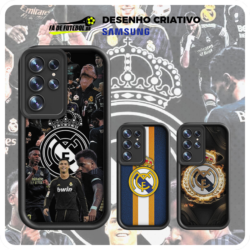 Futebol Capa Real Madrid RMA La Liga Emblema Silicone com Samsung A03 04 05 20 23 32 54 S20 23 fe JT