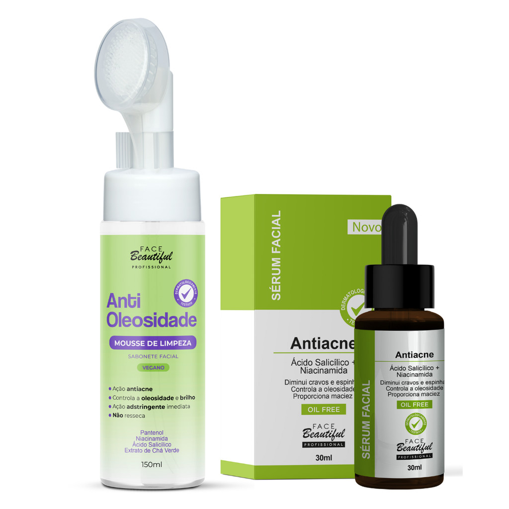 Kit Skin Care Sabonete Mousse Antioleosidade e Serum Anti Acne Face Beautiful