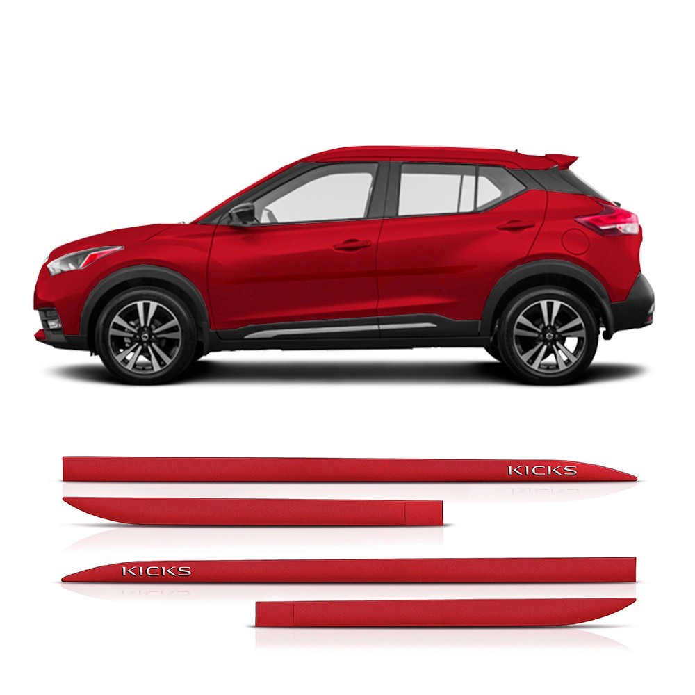 Friso Lateral Nissan Kicks 2016 a 2024 Flash Cotrim Vermelho Malbec Letra Cromada 4 peças