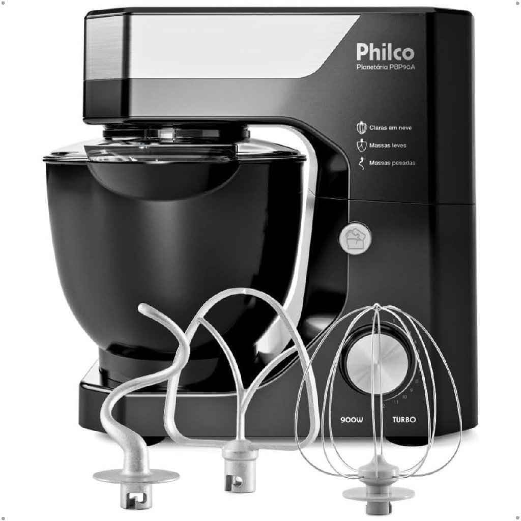 Batedeira Planetaria Philco 12 Velocidades Preta Tijela de 5L 900W Potência Com 3 Batedores