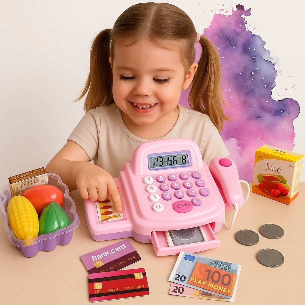 Caixa Registradora Infantil Rosa Brinquedo Calculadora Scanner Com Luz E Som