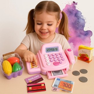 Caixa Registradora Infantil Rosa Brinquedo Calculadora Scanner Com Luz E Som