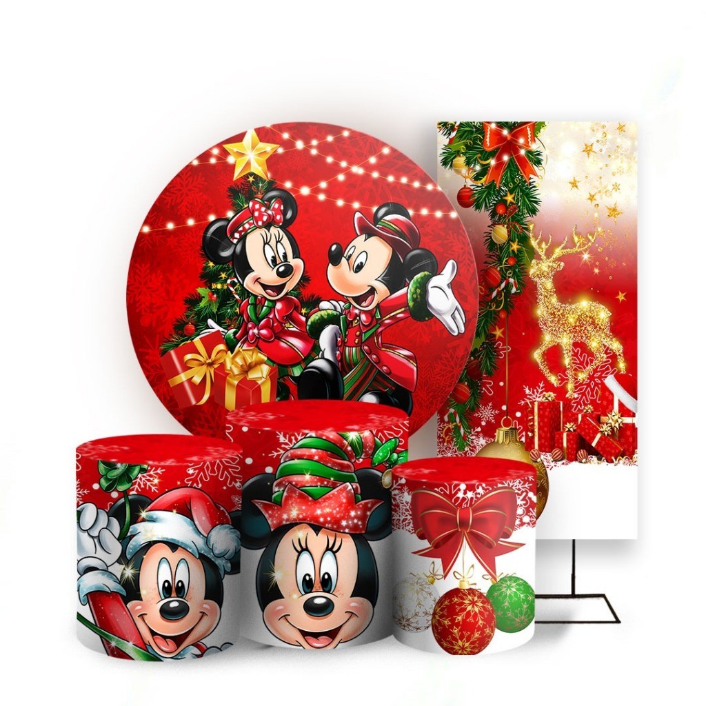 Painel  Red + Vertical + Capas Cilindros Tecido Sublimado NATAL MICKEY
