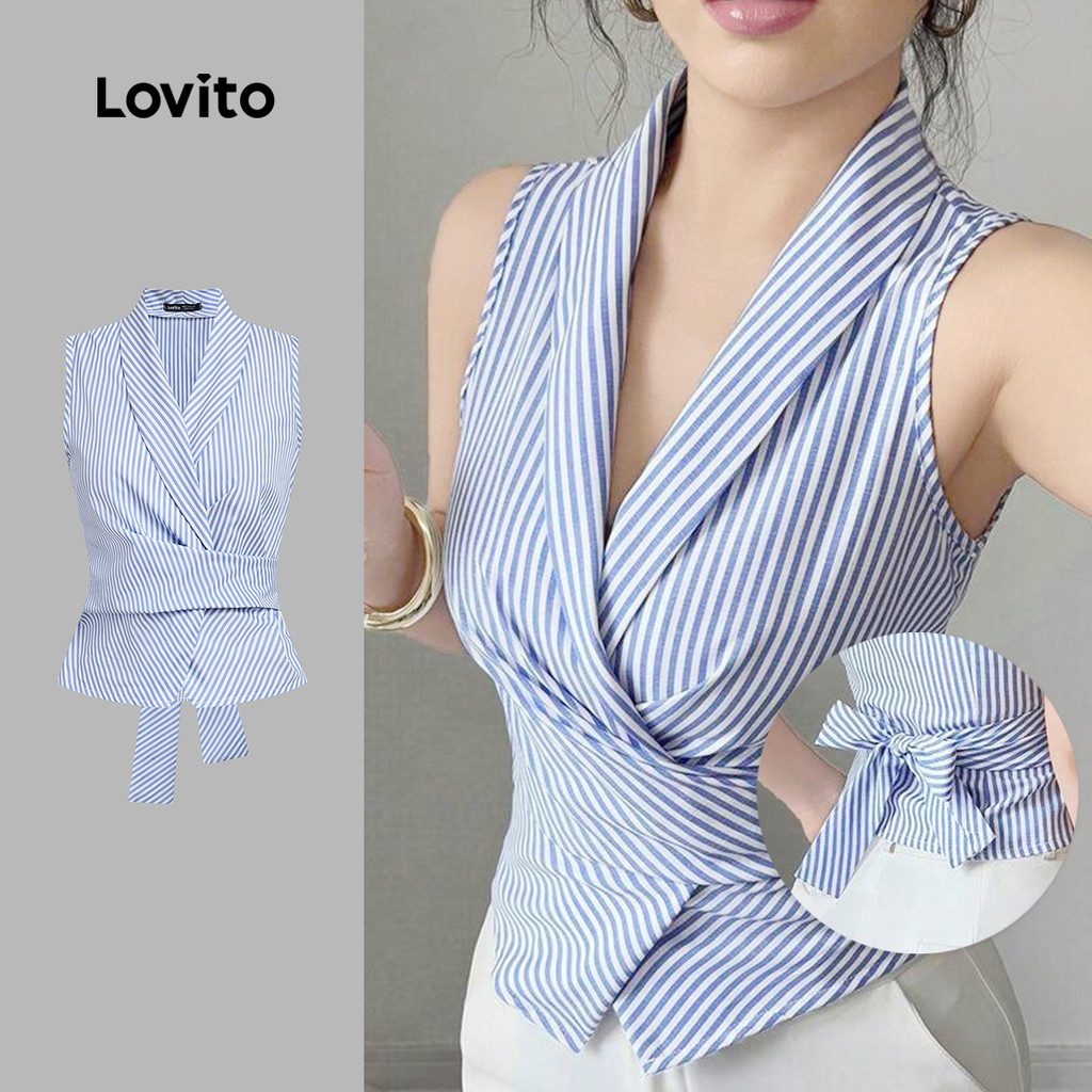 Lovito Regata Casual Listrada Falsa 2 Em 1 Frente Dividida Azul Para Mulheres L135AD532 em Oferta na Shopee