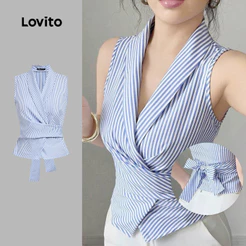 Lovito Elegante Regata Listrada Falsa 2 Em 1 Frente Dividida Azul Para Mulheres L135AD532