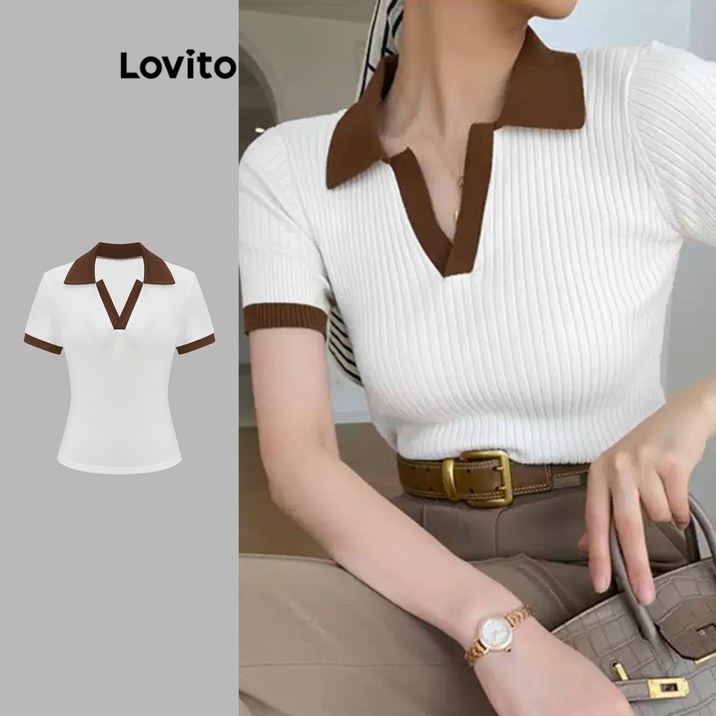 Lovito Camiseta Feminina Casual De Tecido Texturizado Com Gola Contrastante E Patchwork L121AD1107 - Women Clothes