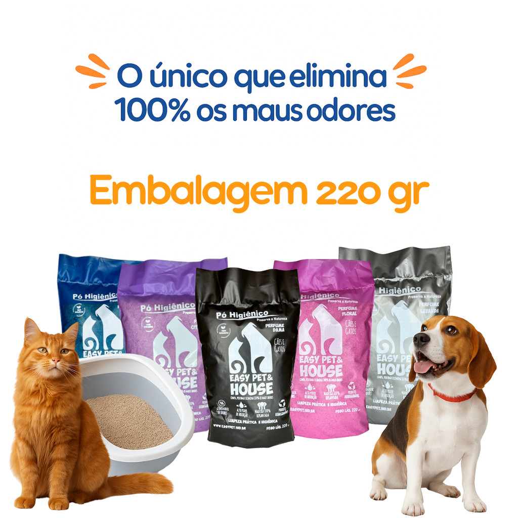Pó Higiênico EasyPet 220 g para Cães e Gatos Elimina Odores de Urina e Fezes Aromas Variados