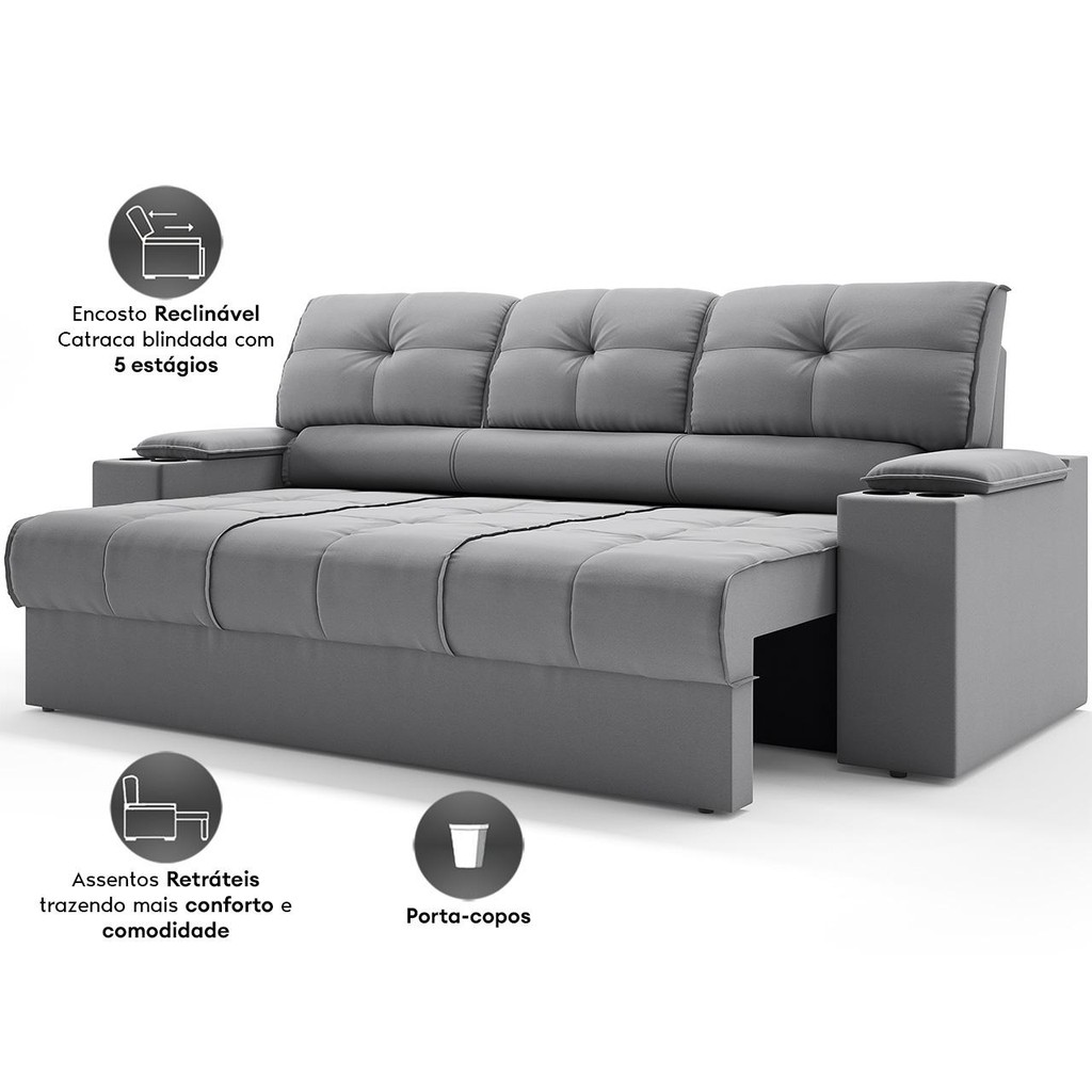Sofá com Porta Copos Retrátil e Reclinável Tom 2,05m Velosuede - NETSOFAS · foto 2
