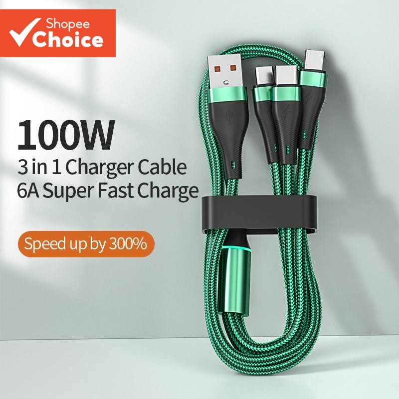 Cabo Carregador Super Rápido De 100W 6A 3 Em 1 Micro Usb/Type-C/Para iP