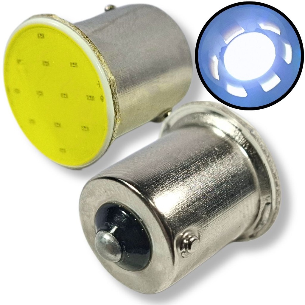 PAR DE LÂMPADAS 1 POLO EM LED COB 12 VOLTS SUPER BRANCA BA15S BAY15D P21W 12V