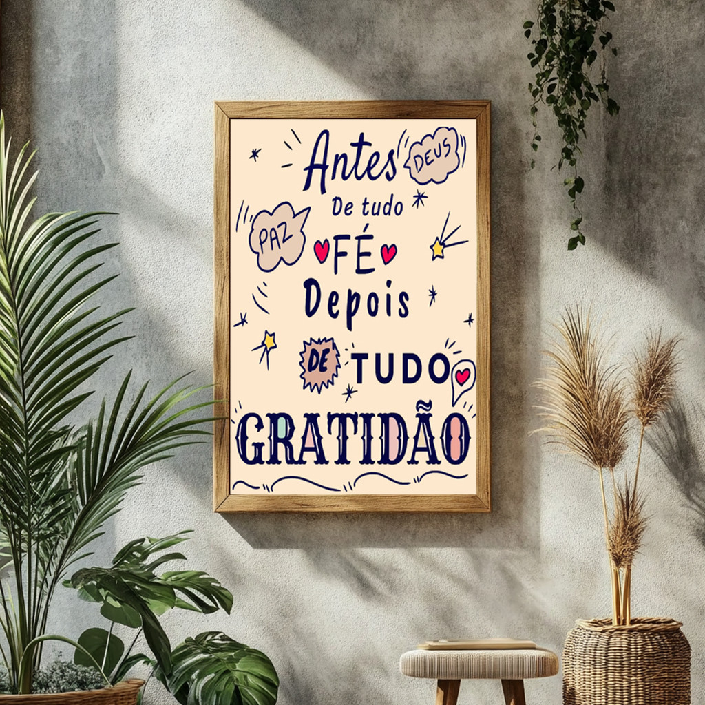 Imagem Quadro Antes De Tudo Fé Depois Gratidão Frase Positiva Espiritual Leve Parede Colorida Decorativo