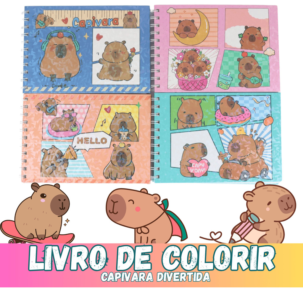 Livro Para Colorir Capivara 50 Páginas Capa Dura E Flexível Caderno Pintura Coloring Bob D...