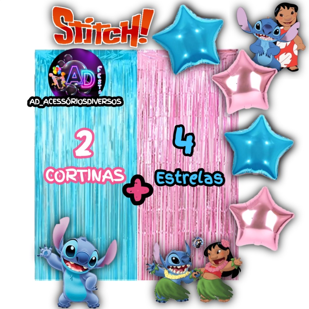 Kit: STITCH 2 Cortinas Metalizada + 4 Balões Estrelas, Decoração, Festa, Aniversário, Adereços, Festival, Comemorção