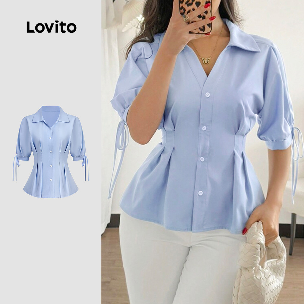Lovito Blusa Elegante Lisa Com Botão Frontal Primavera/Verão Azul Para Mulheres L135A2D500 - Women Clothes