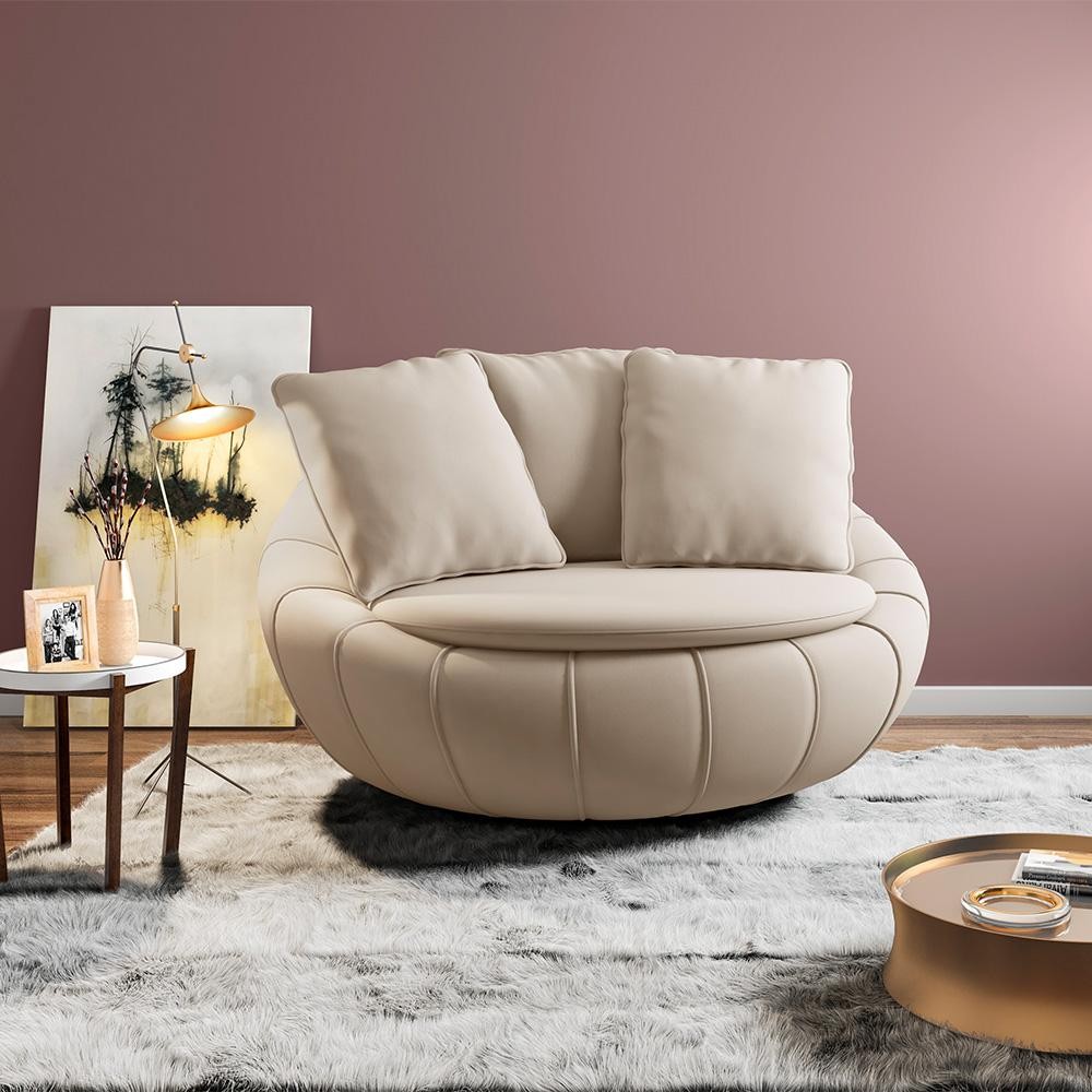 Imagem Poltrona Sala de Estar Afrodite com Almofadas Giratória Bege Veludo G45 - Gran Belo
