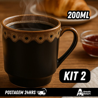 KIT 2 Xícara de Porcelana 200 ml Rústica Artesanal Xícara Café e Chá Elegante Preta com Borda Marrom em Oferta na Shopee