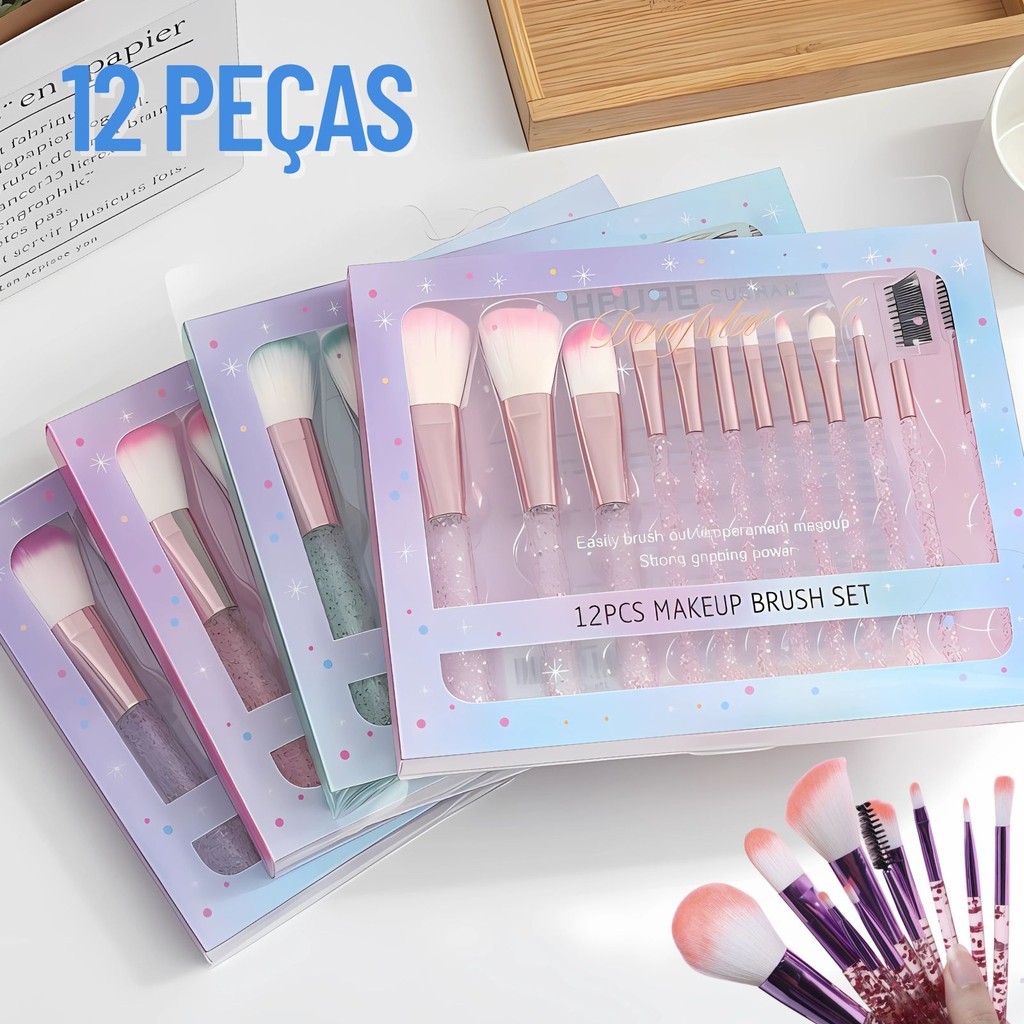 Kit 12 Pincéis Unicórnio com Estojo Transparente – Cerdas Macias, Design Fofo