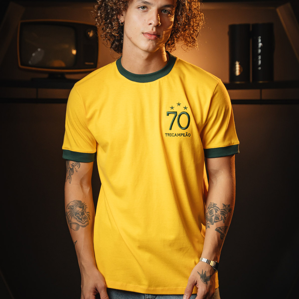 Camisa Brasil Retrô 1970 Amarelo Masculina Oficial em Oferta na Shopee