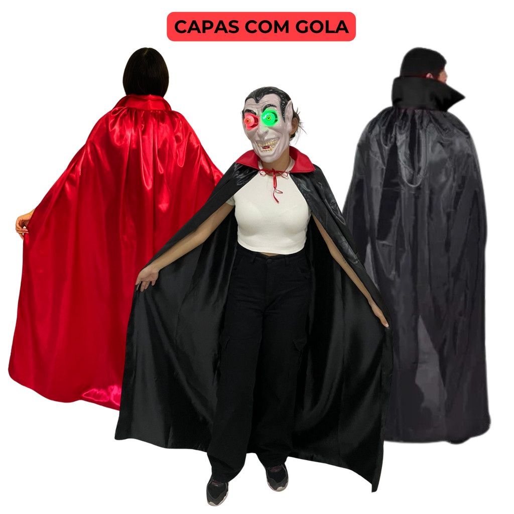 Capa Dracula | Vampiro | Diabinho Capa Preta e Vermelha, Capa com Gola Vermelha | Preta Adulto e Infantil