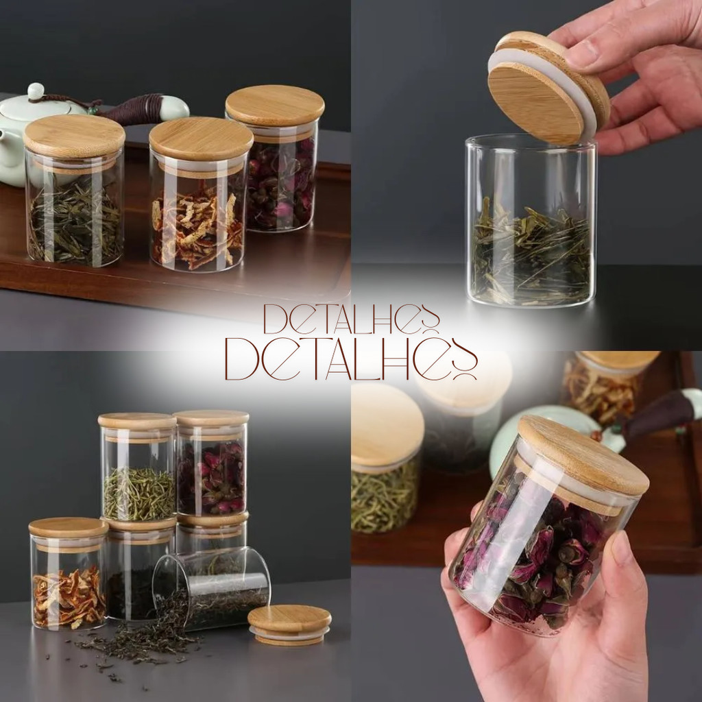 Kit Potes de 200ml em Vidro Borossilicato C/ Tampa de Bambu para Mantimentos, Temperos, Café, Grãos, Cozinha Organiza · foto 2