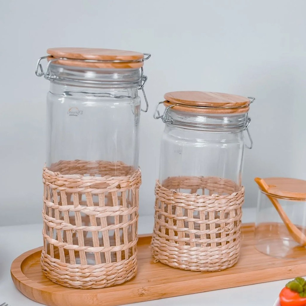 POTE DE VIDRO C/ TRAVA DETALHE EM SISAL COZINHA RUSTICA