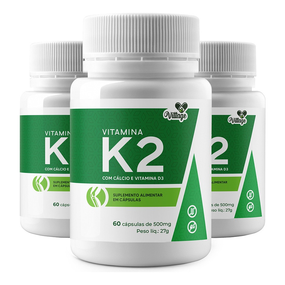 Kit 3x Vitamina K2 MK7 + Cálcio + D3 Vittage – 180 Cápsulas