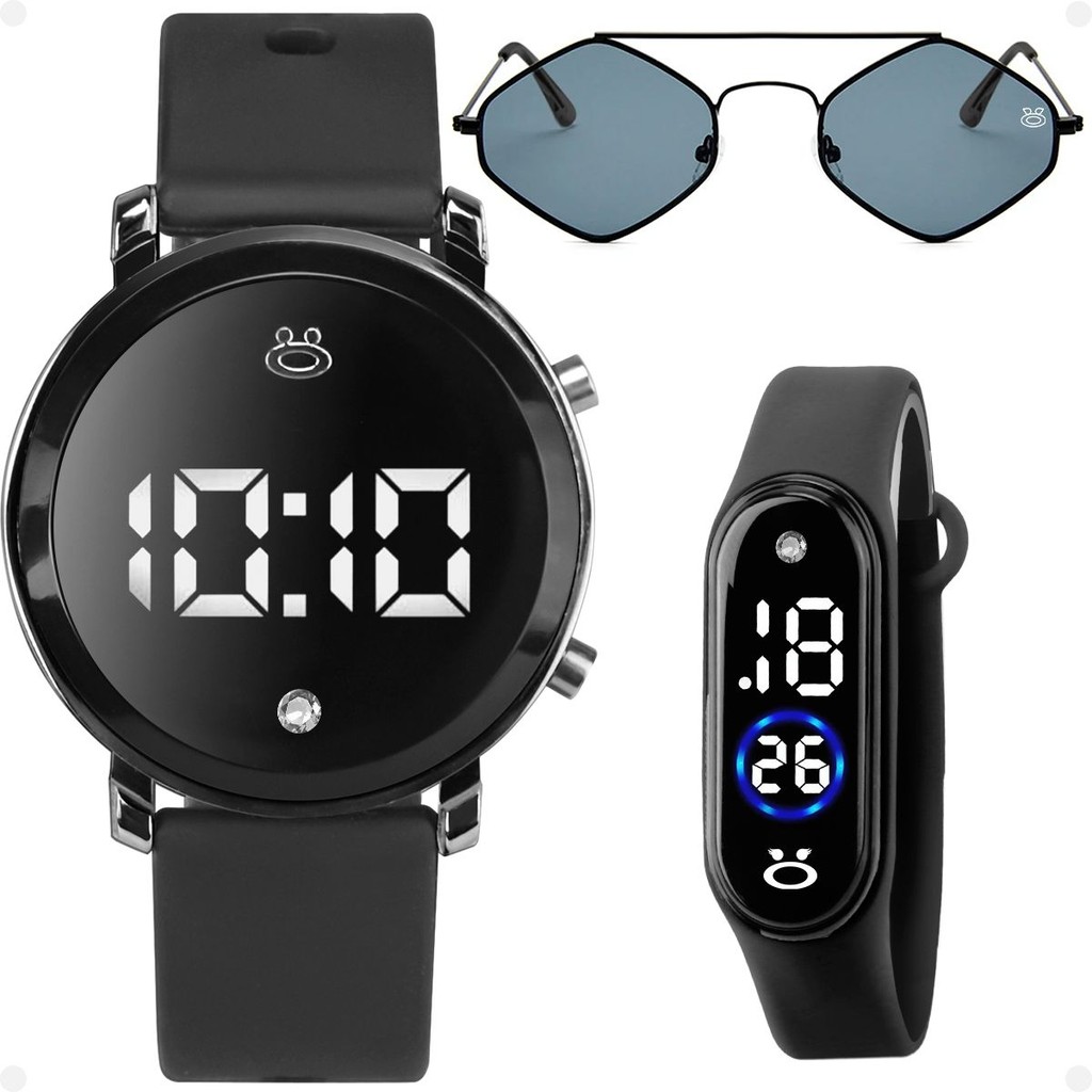 Relogio led feminino preto + oculos sol + bracelete digital original silicone ajustavel digital