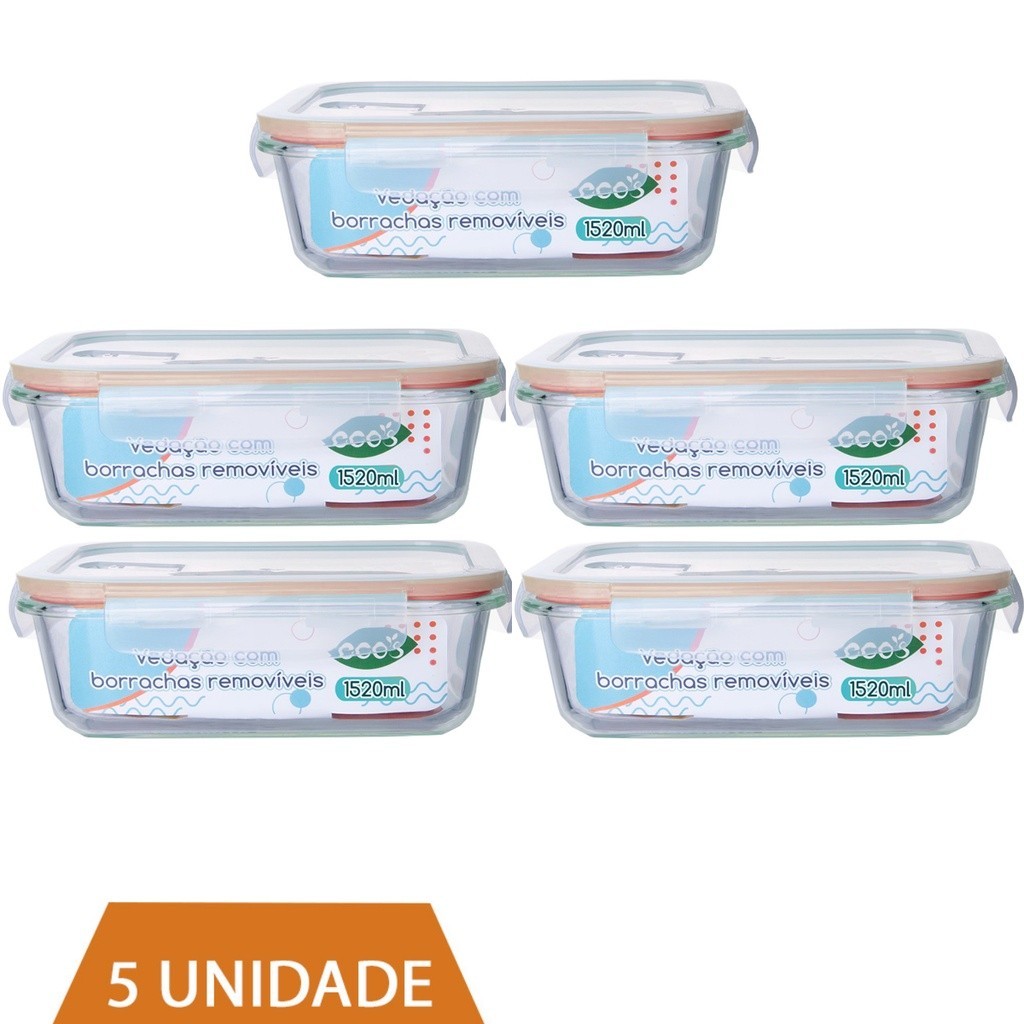 5 Pote 1520ml Vidro Forno Microondas Tampa Hermetica Forte em Oferta na Shopee