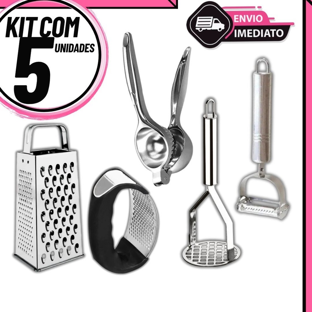 Kit Utensílios de Cozinha Amassador de Alho Cortador de Legumes Ralador Inox Espremedor de Limão