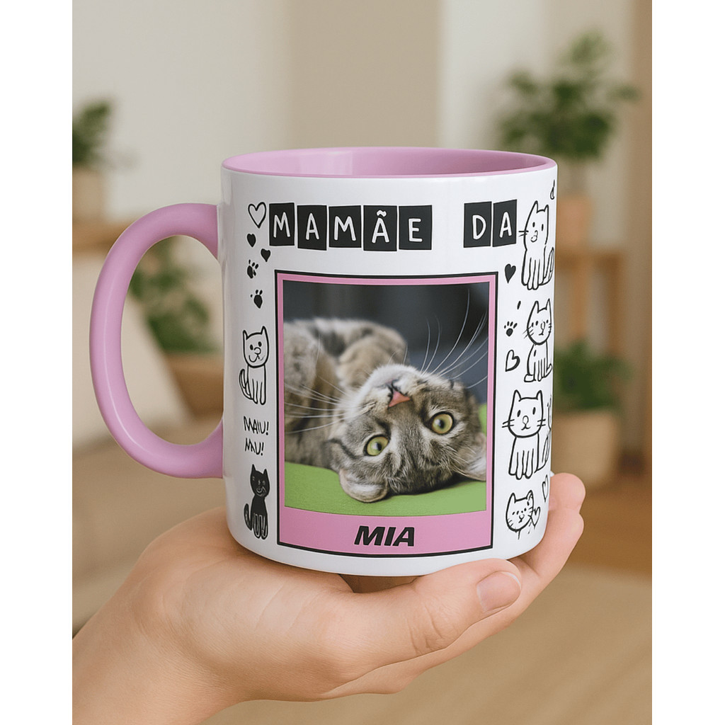 Caneca Personalizada Mãe de Pet Cat Gatinho Pai de Cat com Foto e Nome Pet Colorida Gato