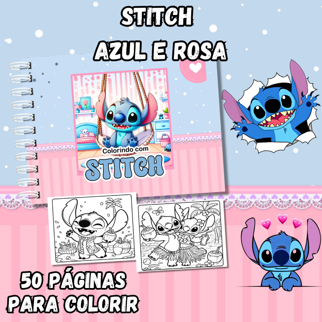 Livro De Colorir Stitch Azul e Rosa 50 Folhas 180g Capa Dura PRONTA ENTREGA em Oferta na Shopee