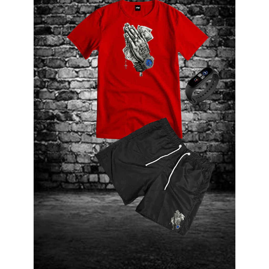 Conjunto Kit Masculino MAOS Camisa 100% Algodão + Bermuda Tactel Estampada + Relogio Digital