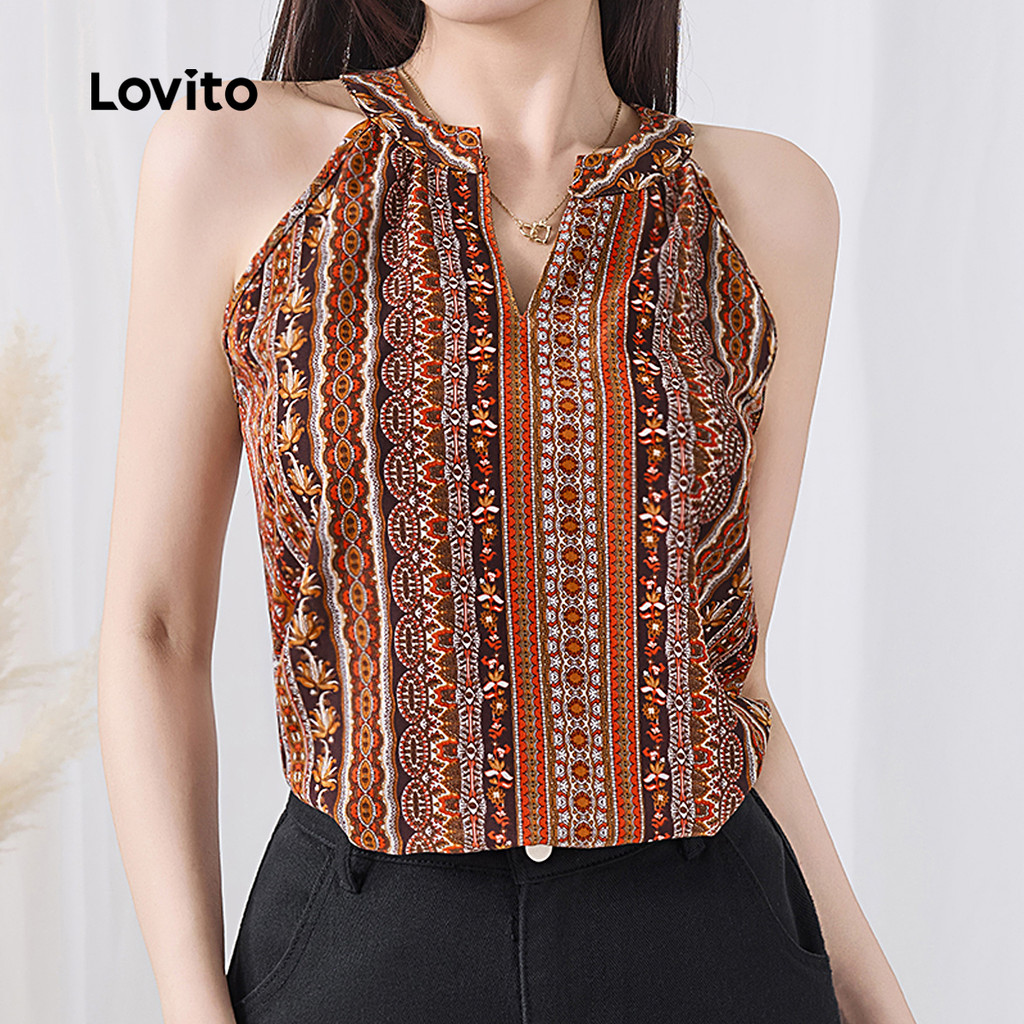 Lovito Regata Boho Com Estampa Tribal E Babados Para Mulheres L133ED992 em Oferta na Shopee