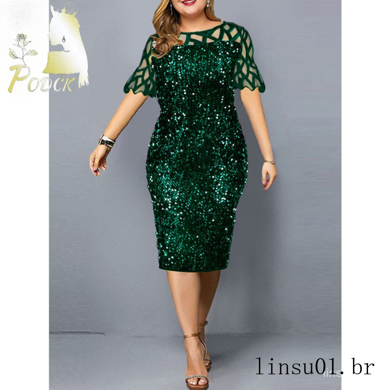 Mulheres Manga Curta Lantejoulas Vestido de Festa Malha Ver Através Slim Bodycon Pencil Dress Plus Size Roupas Femininas
