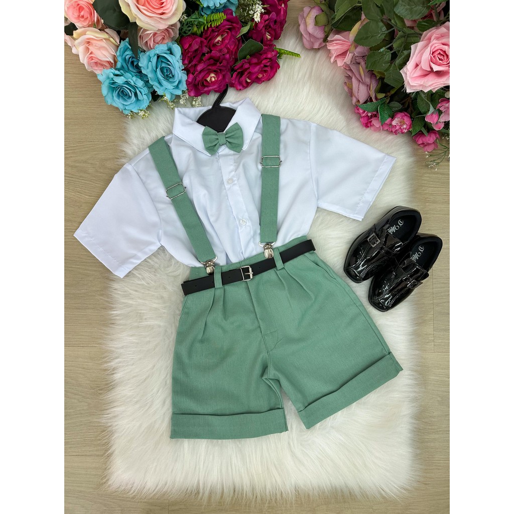 Conjunto Verde Infantil Menino Short Suspensório Casual Juvenil