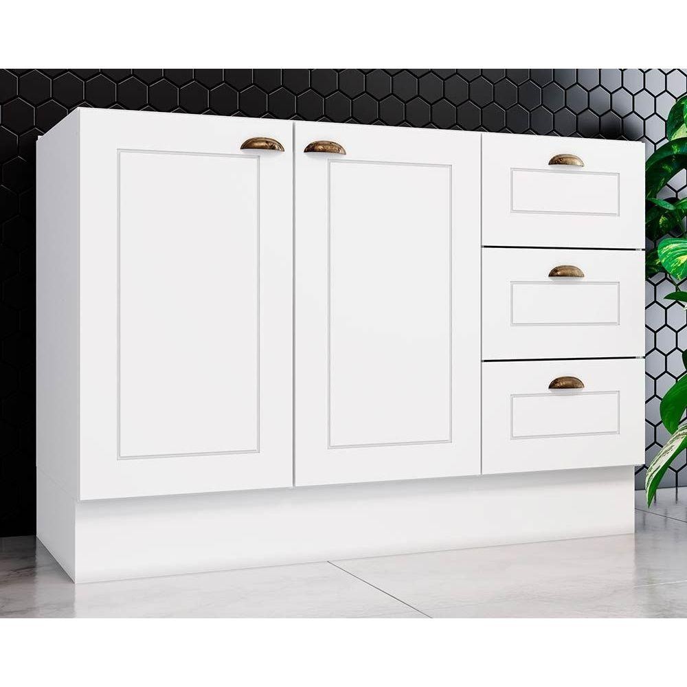Balcão de Cozinha Americana p/ Pia c/ 2 Portas e 3 Gavetas s/Tampo 120cm Branco - Henn