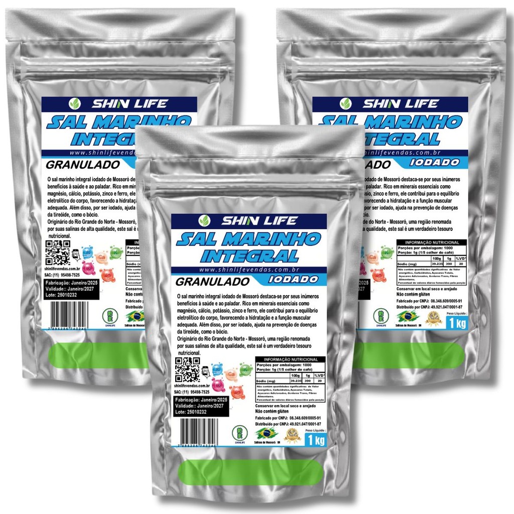 Sal Marinho Integral Granulado Iodado 3kg Sal Parrilha