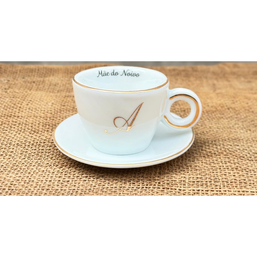 Xícara de Café com Pires 75ml Porcelana Personalizada com Inicial Caixa Convite Casamento Mãe do Noivo