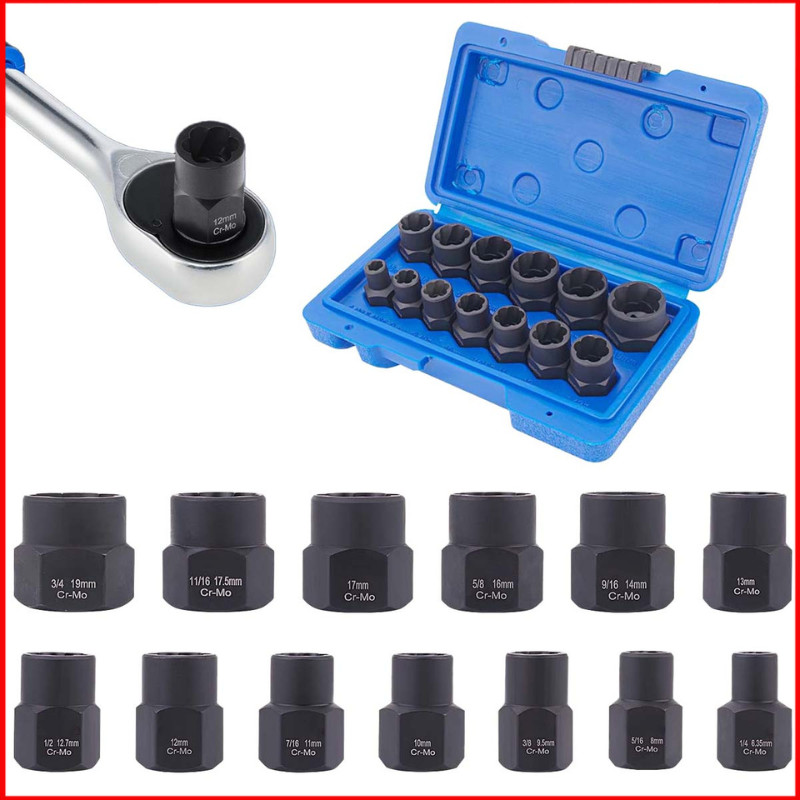 13 Peças Extrator Porca Quebrada Manga Extratora Fácil Remover Parafusos Enferrujados Cr-Mo Steel 3/8"