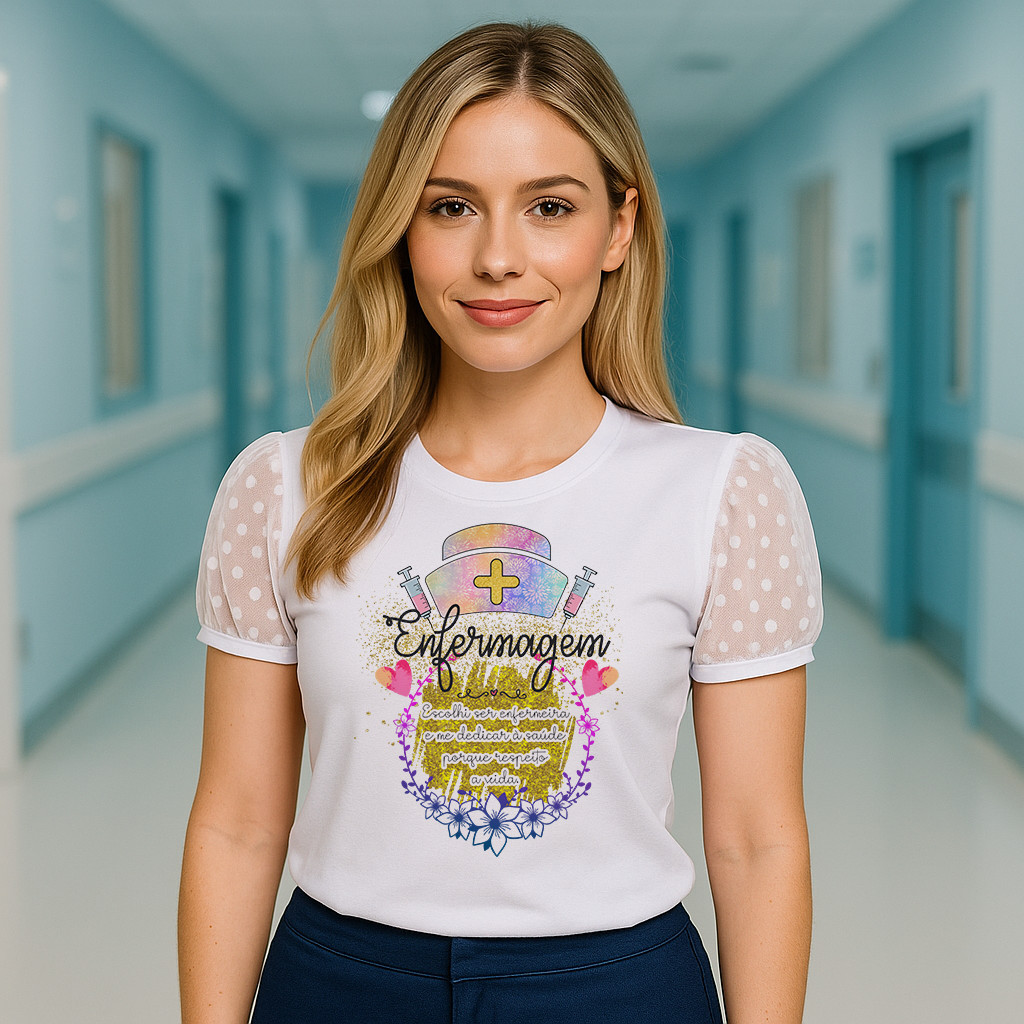 Blusa Feminina Com Manga Tule Luxo - Escolhi Ser Enfermeira