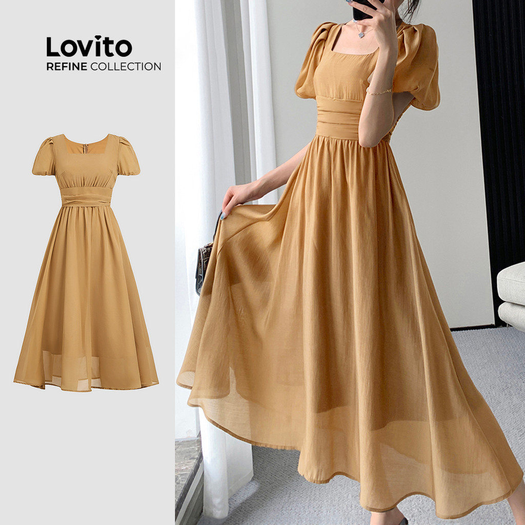 (Lovito Refine) Vestido Casual Liso De Camada Dupla Plissado Marrom Transparente Para Mulheres LR11LD015 - Women Clothes