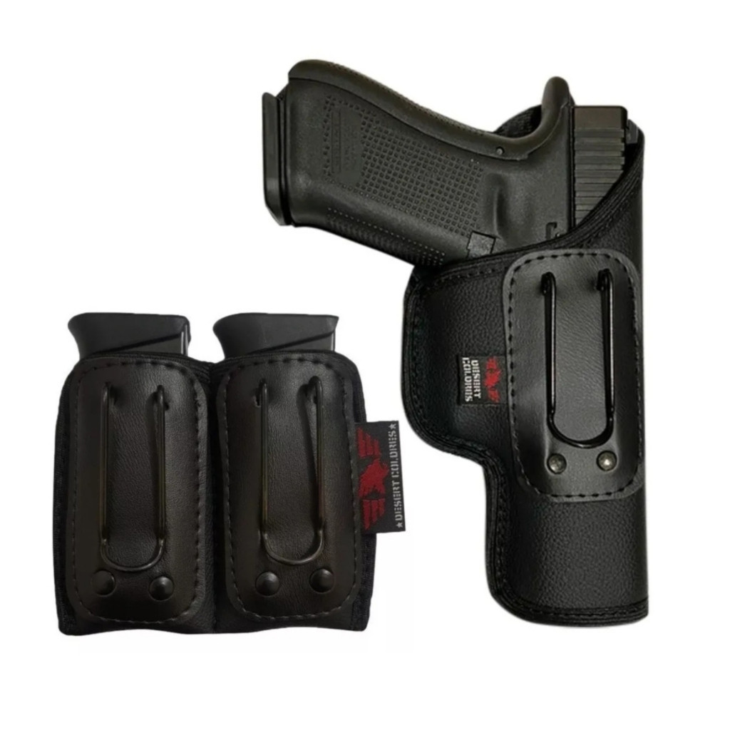 Kit (Holster)Coldre Velado Interno Para G19 + Porta Carregador Duplo Velado Em Neoprene e Couro P.U
