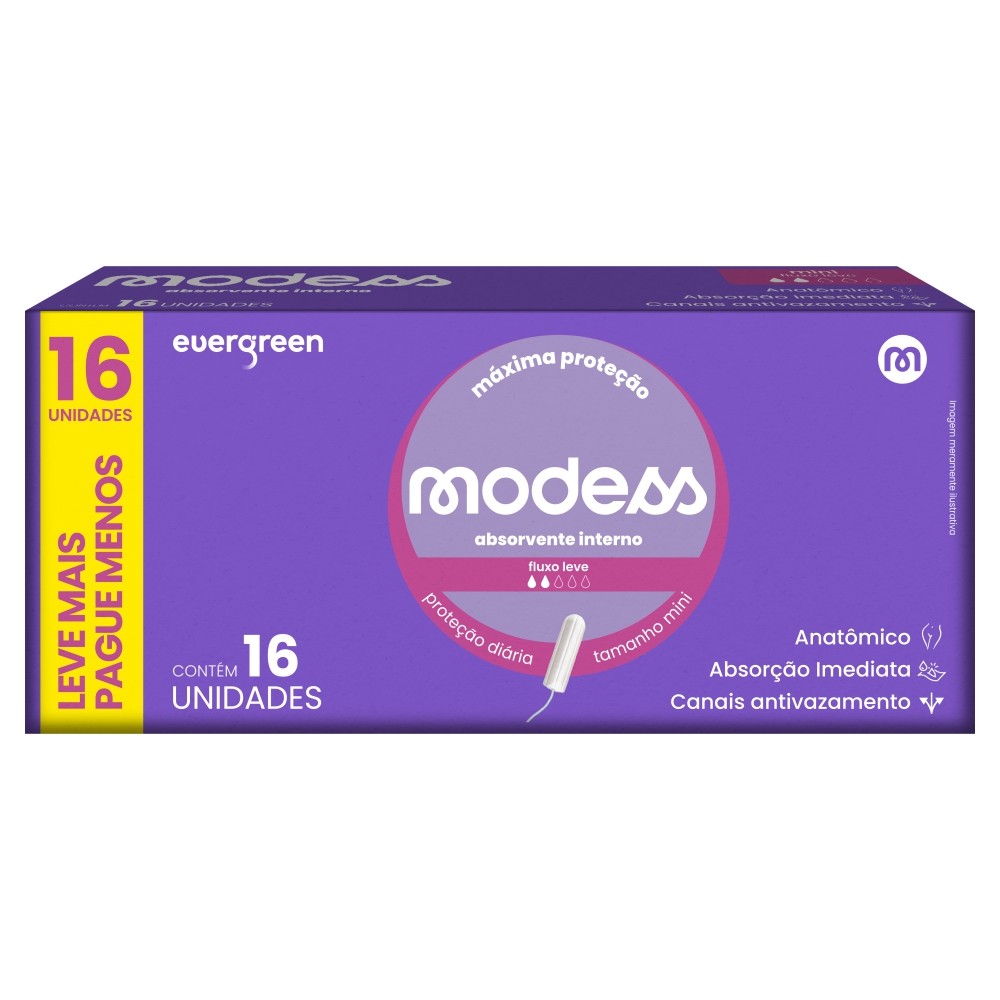 Absorvente Interno Modess Mini Fluxo Leve com 16un Evergreen - Health