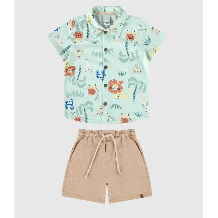 Conjunto Infantil Menino Camisa Estampada Em Algodão Malwee Kids Verde