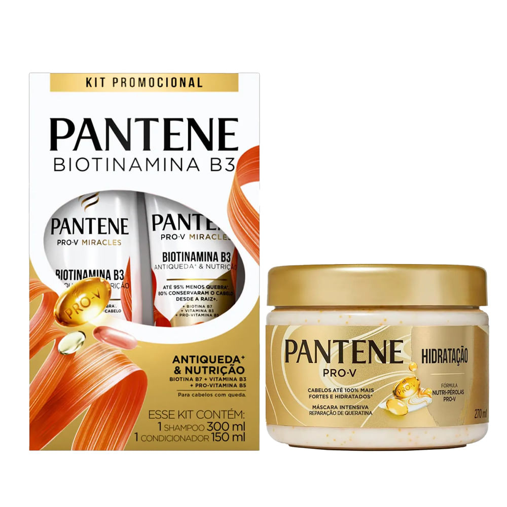 Kit Pantene Biotinamina Shampoo 300ml + Condicionador 150ml + Máscara Capilar Hidratação 270ml - Beauty