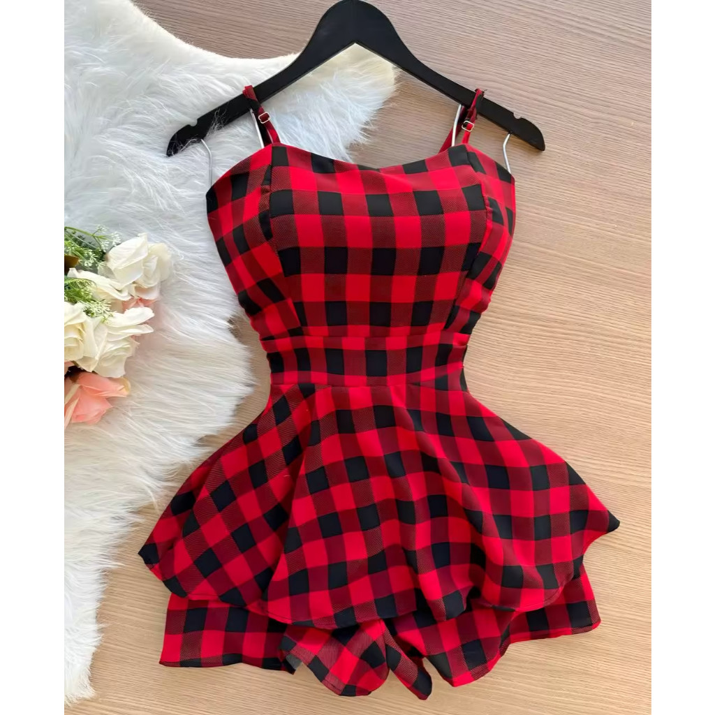 Vestido Macaquinho Rodado Xadrez com Bojo Short por baixo Elastex nas Costas