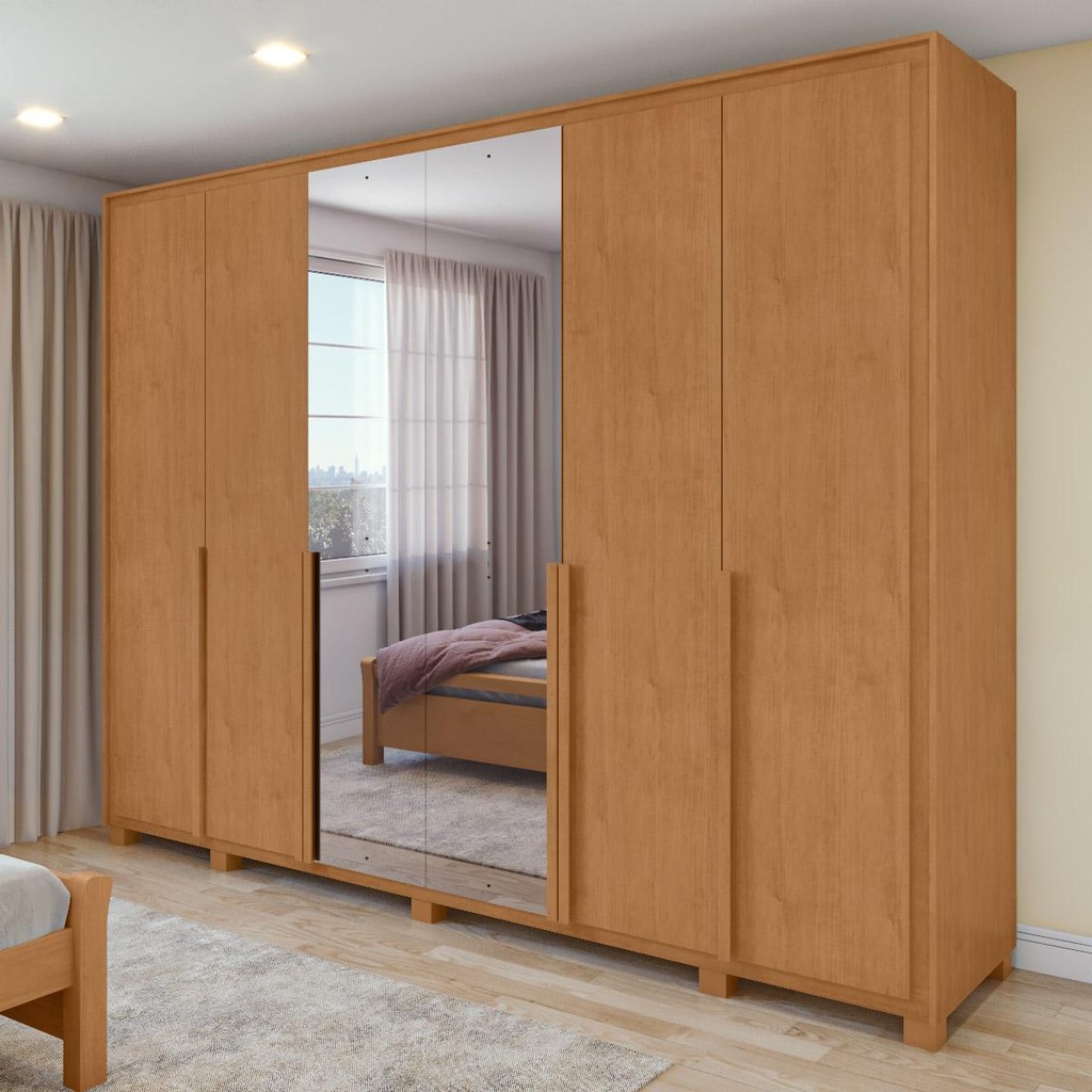 Guarda Roupa Casal 100% MDF 6 Portas Easy Space Com Espelho E Pés Amendoa Clean -Lopas em Oferta na Shopee