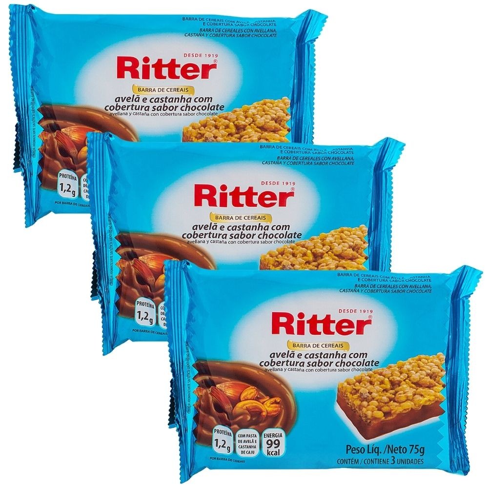 Kit 3 Barra de Cereais Ritter Avelã e Castanha com Cobertura Sabor Chocolate com 3 Unidades de 25g cada - Food & Beverages
