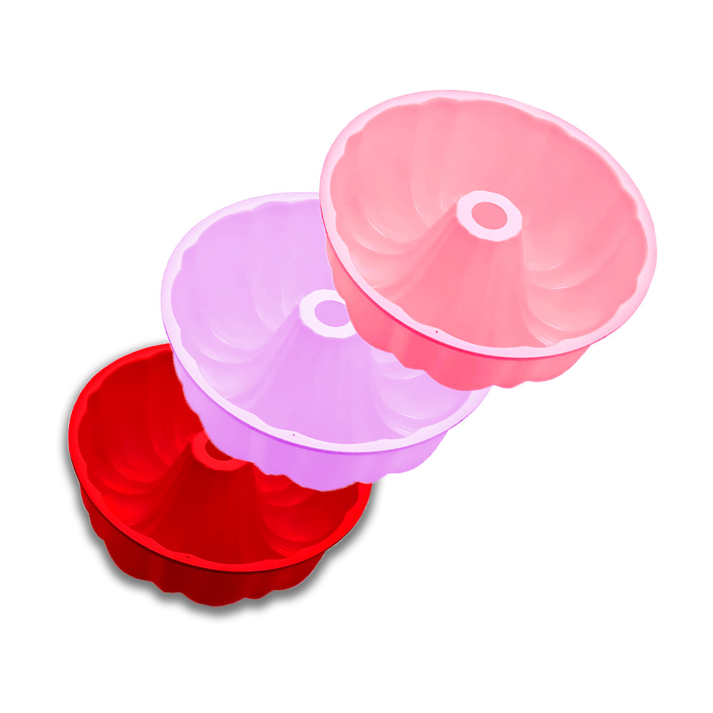 Kit 3 Forma Silicone Bolo Assadeira Pudim Torta Redonda Antiaderente Mini Furo Pão Cupcake Cozinha